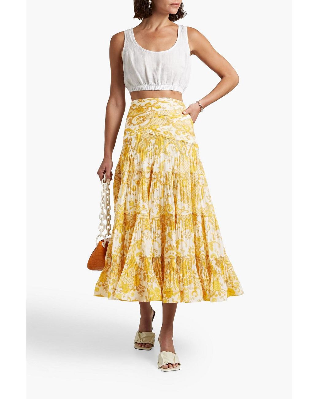 スカート ZIMMERMANN Woman Skirt Yellow 2163SR251 YELLOWFLORAL Zimmermann Crush Scalloped Midi Skirt – Circe
