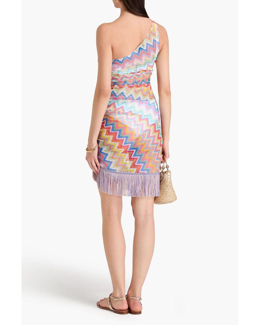 missoni one-shoulder fringed striped crochet-knit mini dress Missoni One-Shoulder Fringed Crochet-Knit Mini Dress in White