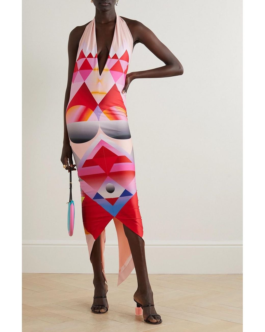 Conner Ives Red Asymmetric Printed Stretch-jersey Halterneck Midi Dress