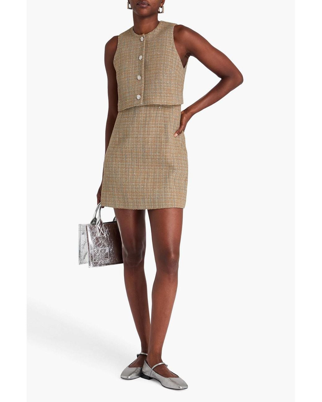 Sandro Natural Embellished Metallic Tweed Mini Dress