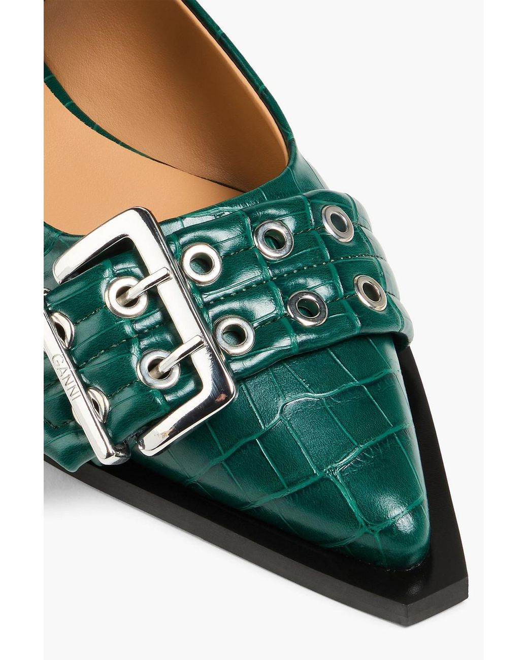 Ganni Green Buckled Croc-effect Slingback Point-toe Flats