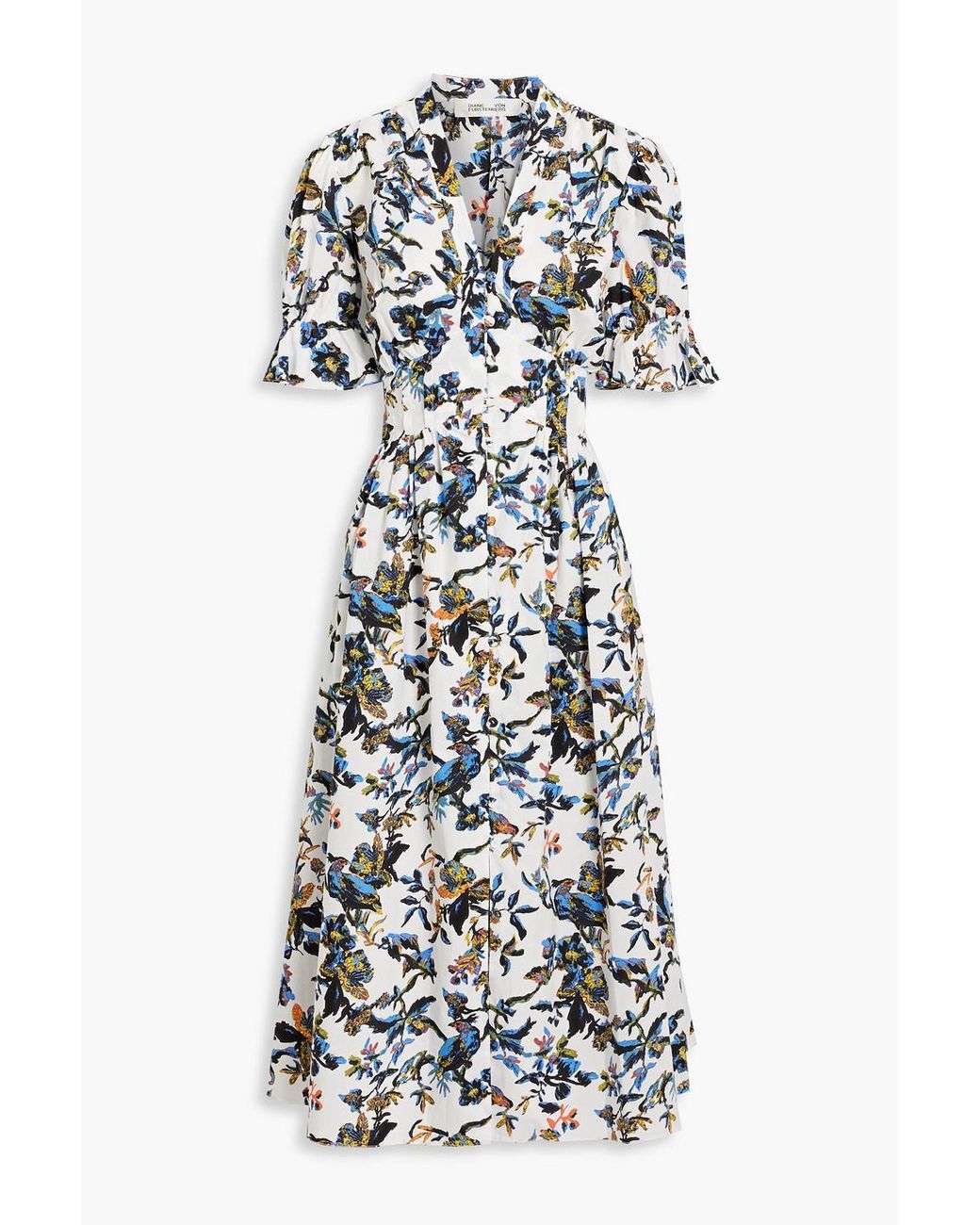 Diane von Furstenberg Erica Shirred Floral-print Cotton-poplin Midi ...