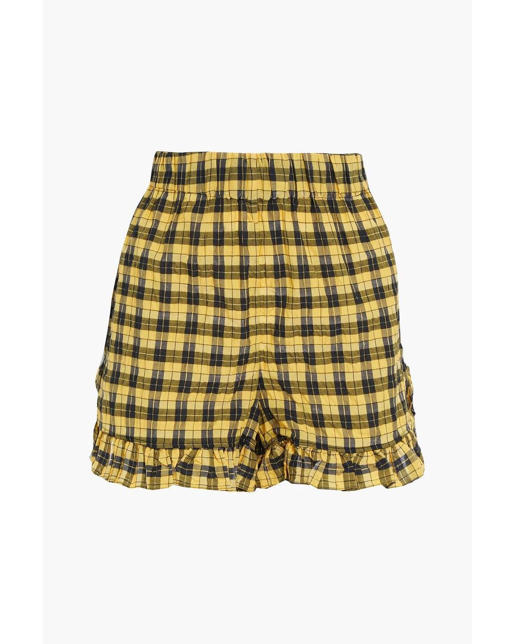Ganni Ruffle trimmed Checked Cotton blend Shorts in Yellow Lyst