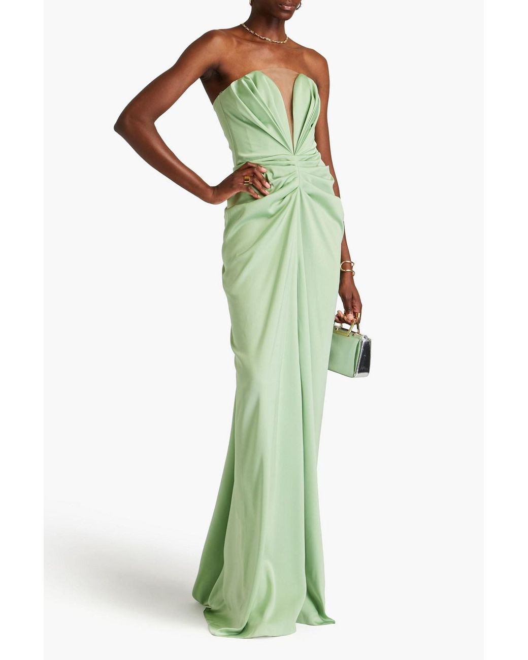 Rhea Costa Strapless Pleated Satin Gown in Green | Lyst Canada