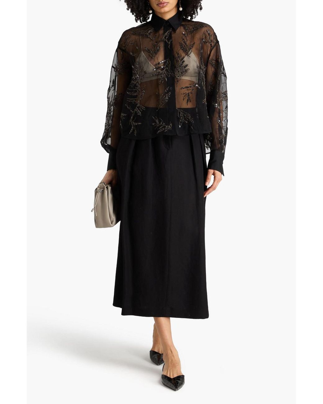 Brunello Cucinelli Black Embellished Silk-Organza Shirt