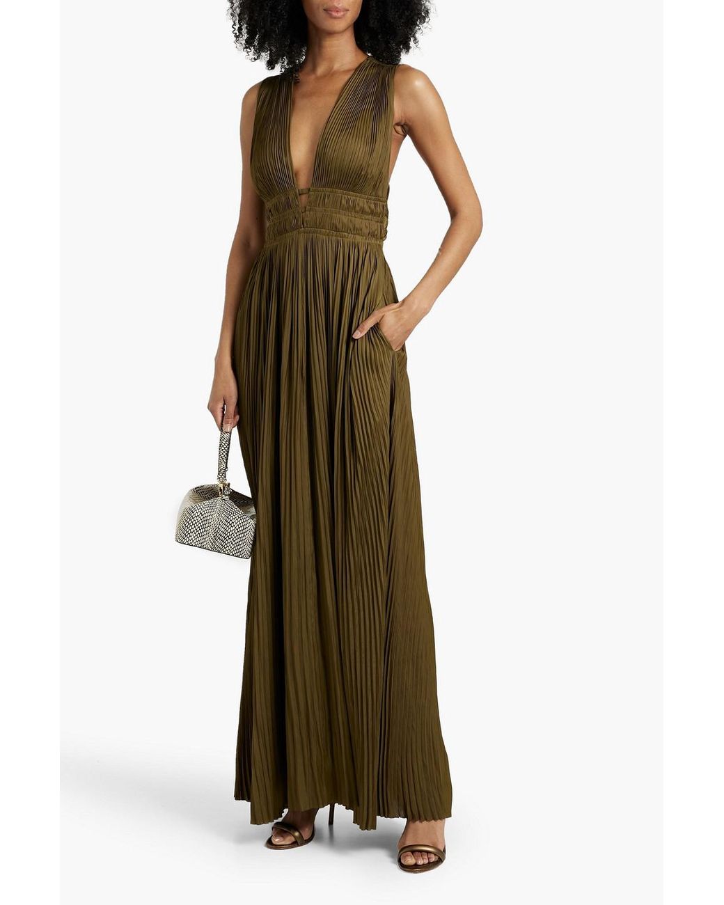 Ulla Johnson Veda Pleated Satin Maxi Dress in Green