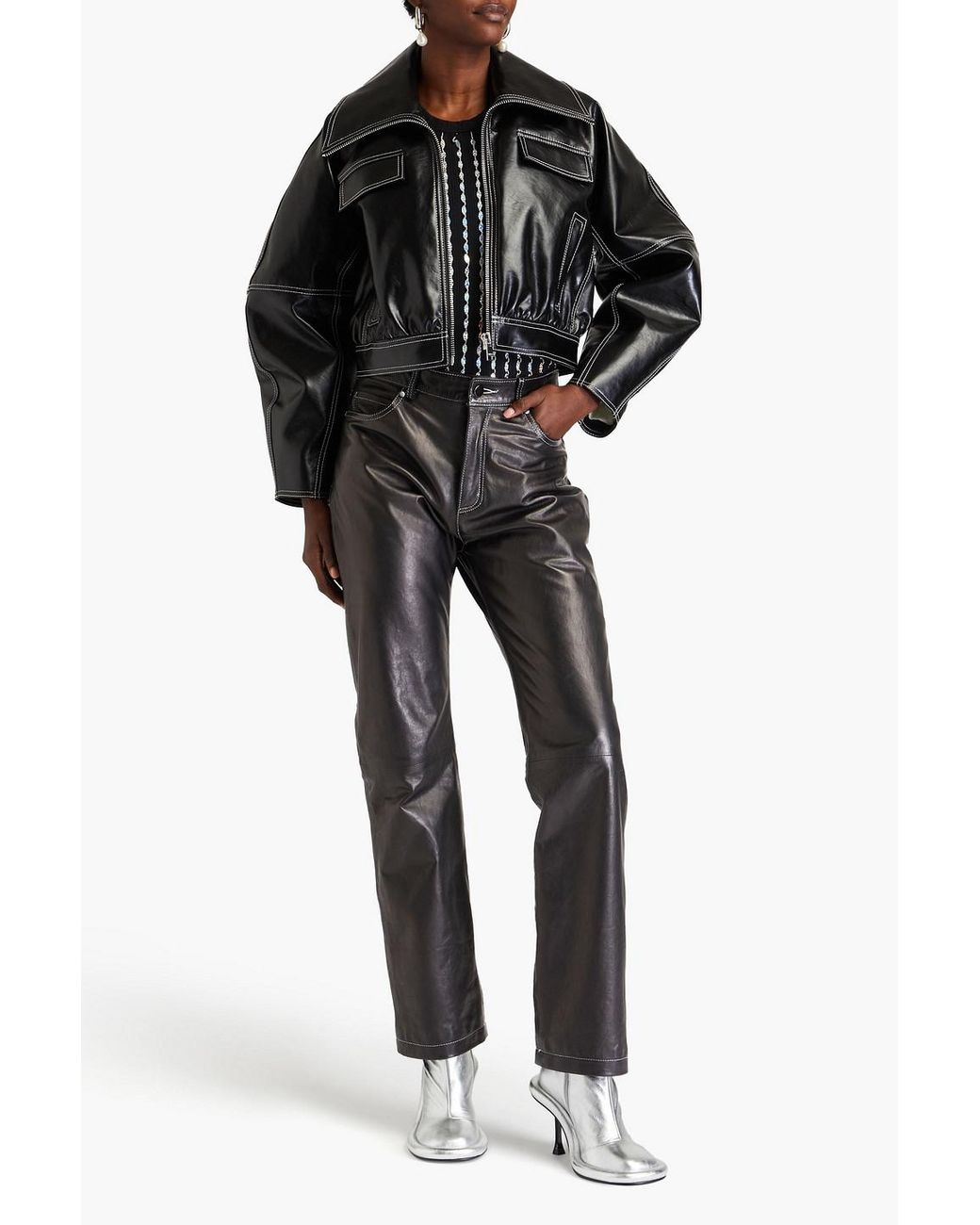 【関税&送料込】Ganni Black Synthetic Leather Coat Leather biker jacket Ganni Black size S International in
