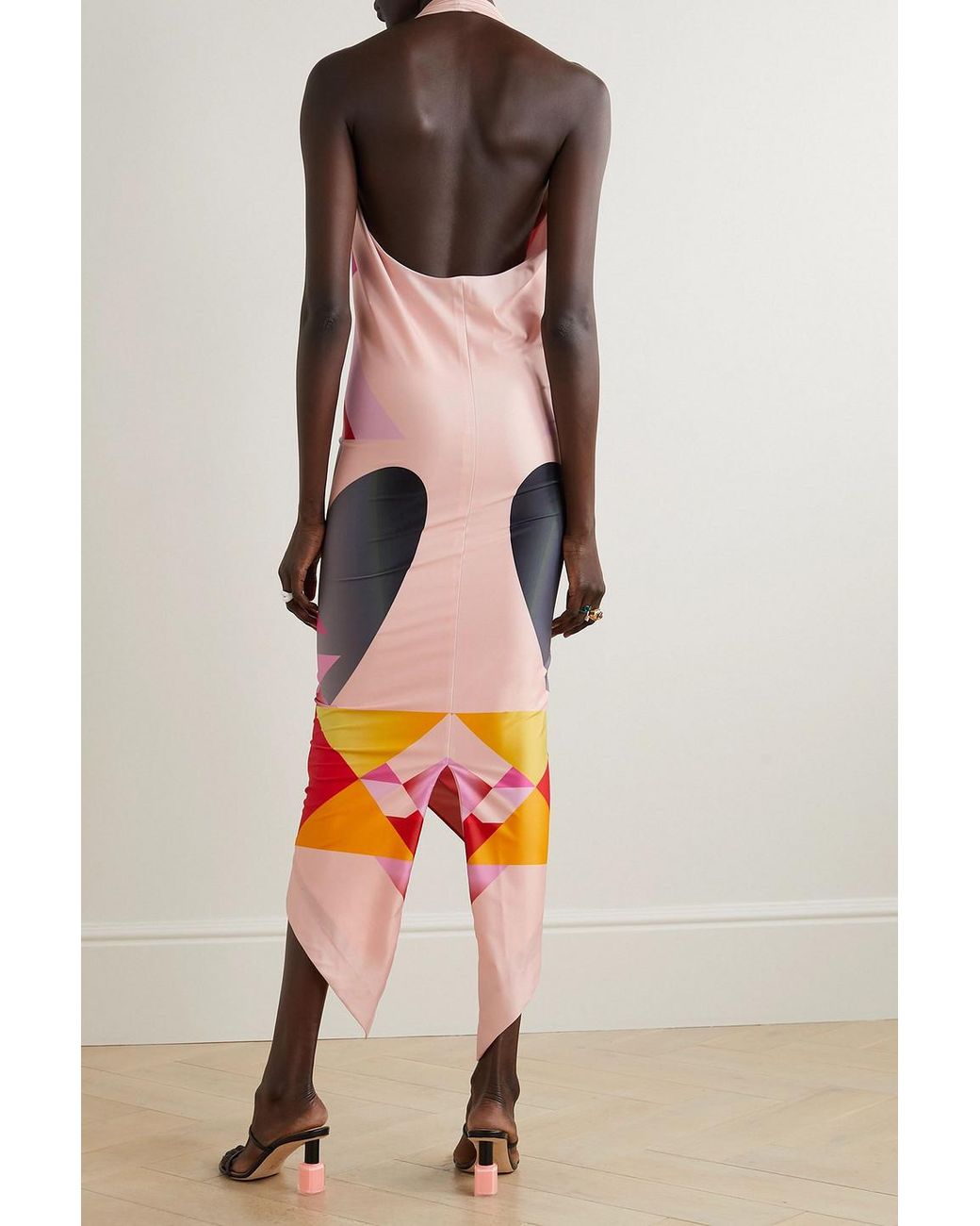 Conner Ives Red Asymmetric Printed Stretch-jersey Halterneck Midi Dress