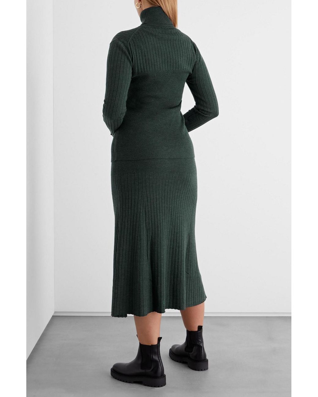 Iris & Ink Ernestine Ribbed Merino Wool-blend Midi Skirt in Green | Lyst