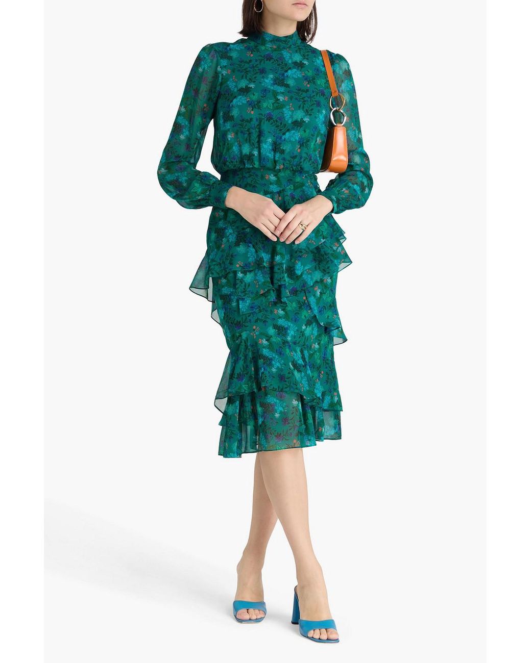 Saloni Green Isa Ruffled Floral-Print Silk-Georgette Midi Dress