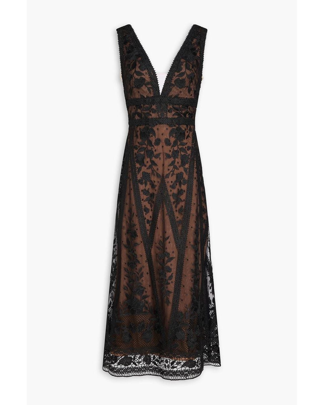 Marchesa Tulle-Trimmed Guipure Lace Midi Dress in Black | Lyst