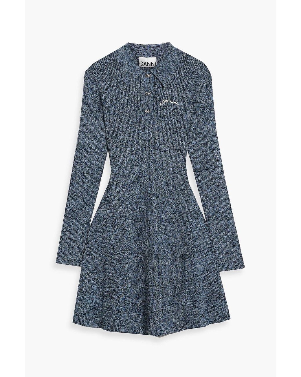 Ganni Marled Ribbed-knit Mini Shirt Dress in Blue | Lyst