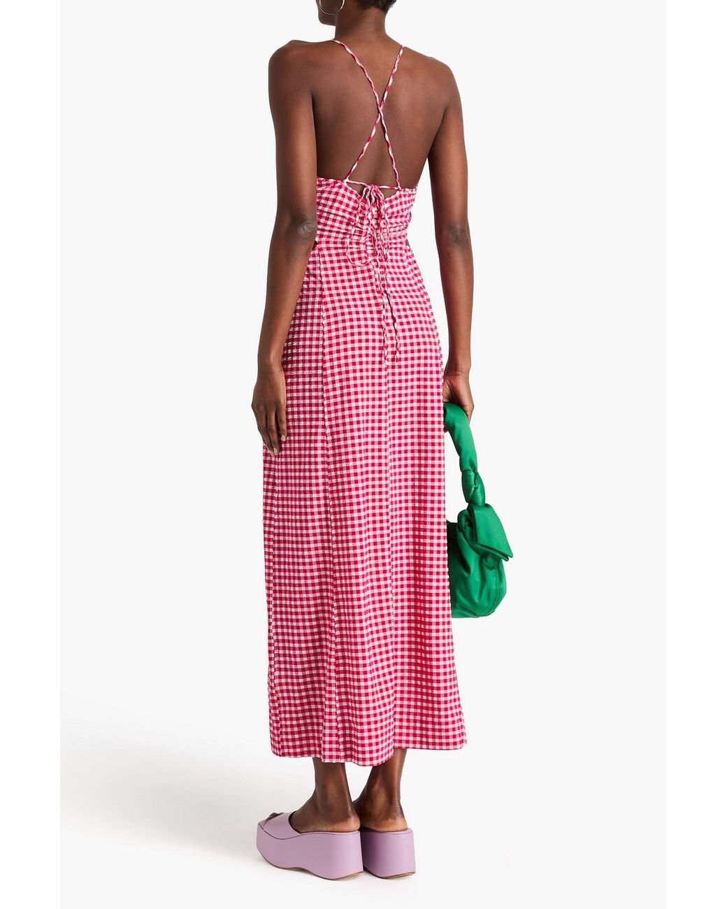 Ganni Ruched Gingham Stretch-seersucker Maxi Dress in Pink