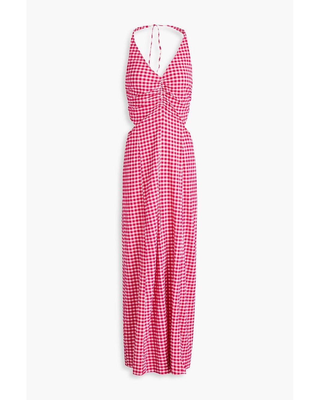 ganni ruched gingham stretch seersucker maxi dress Ganni Ruched Gingham Stretch-seersucker Maxi Dress in Pink
