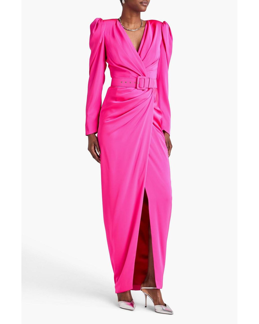 Rhea Costa Pink Wrap-effect Draped Satin Gown