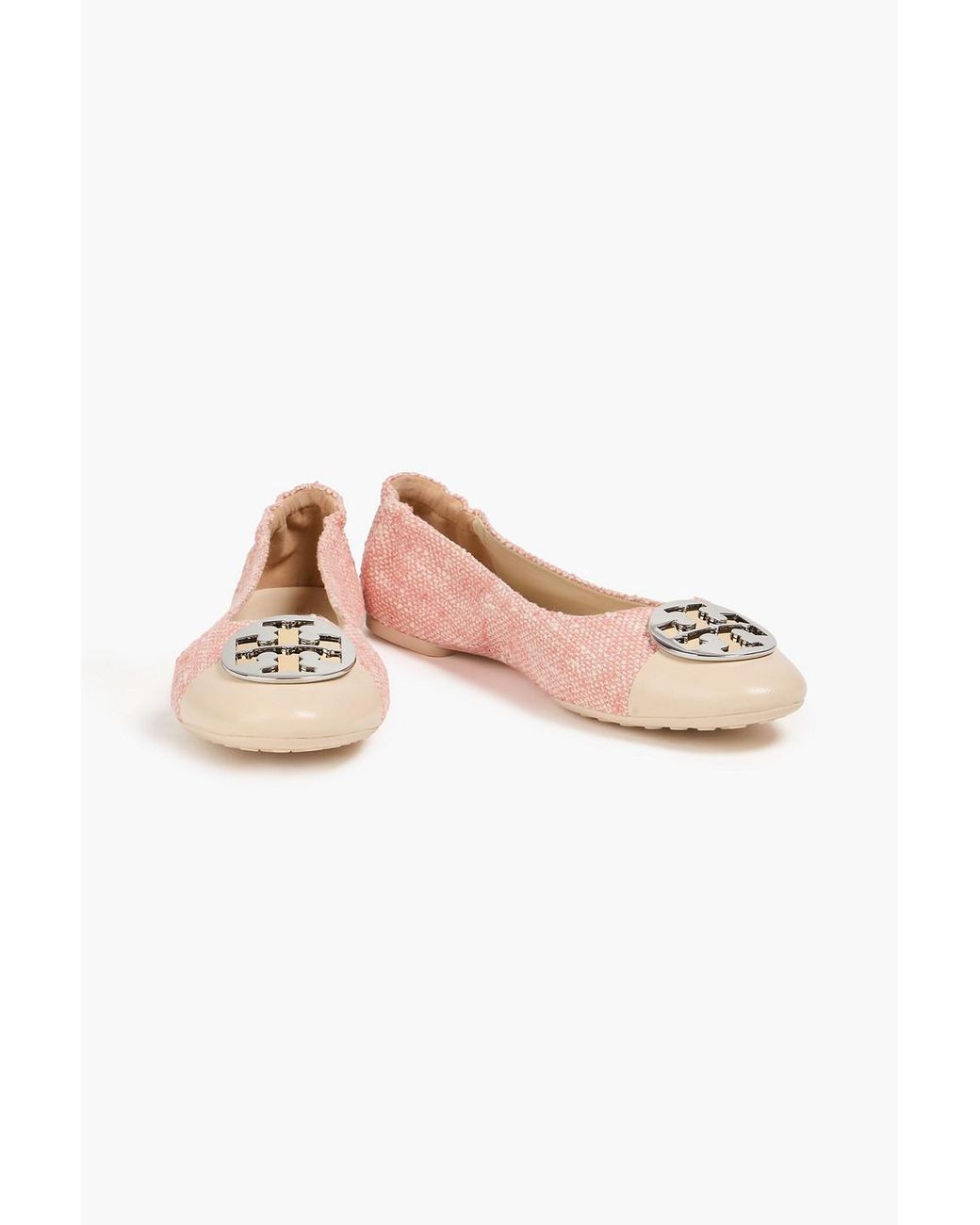 Tory Burch Pink Claire Embellished Tweed And Leather Ballet Flats