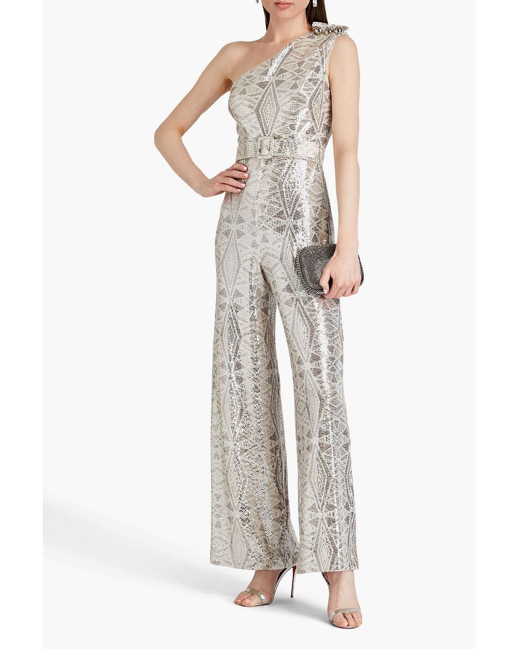 Badgley Mischka One shoulder Sequined Jersey Wide leg Jumpsuit in