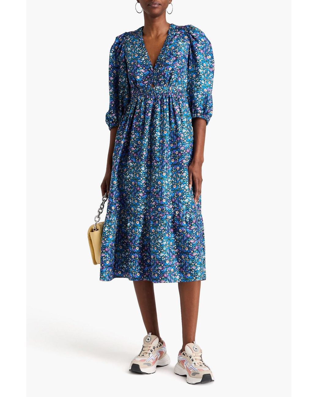 knee length dresses for ladies Sweetheart Neckline Blue Floral Midi Dress - All Dresses main image 0