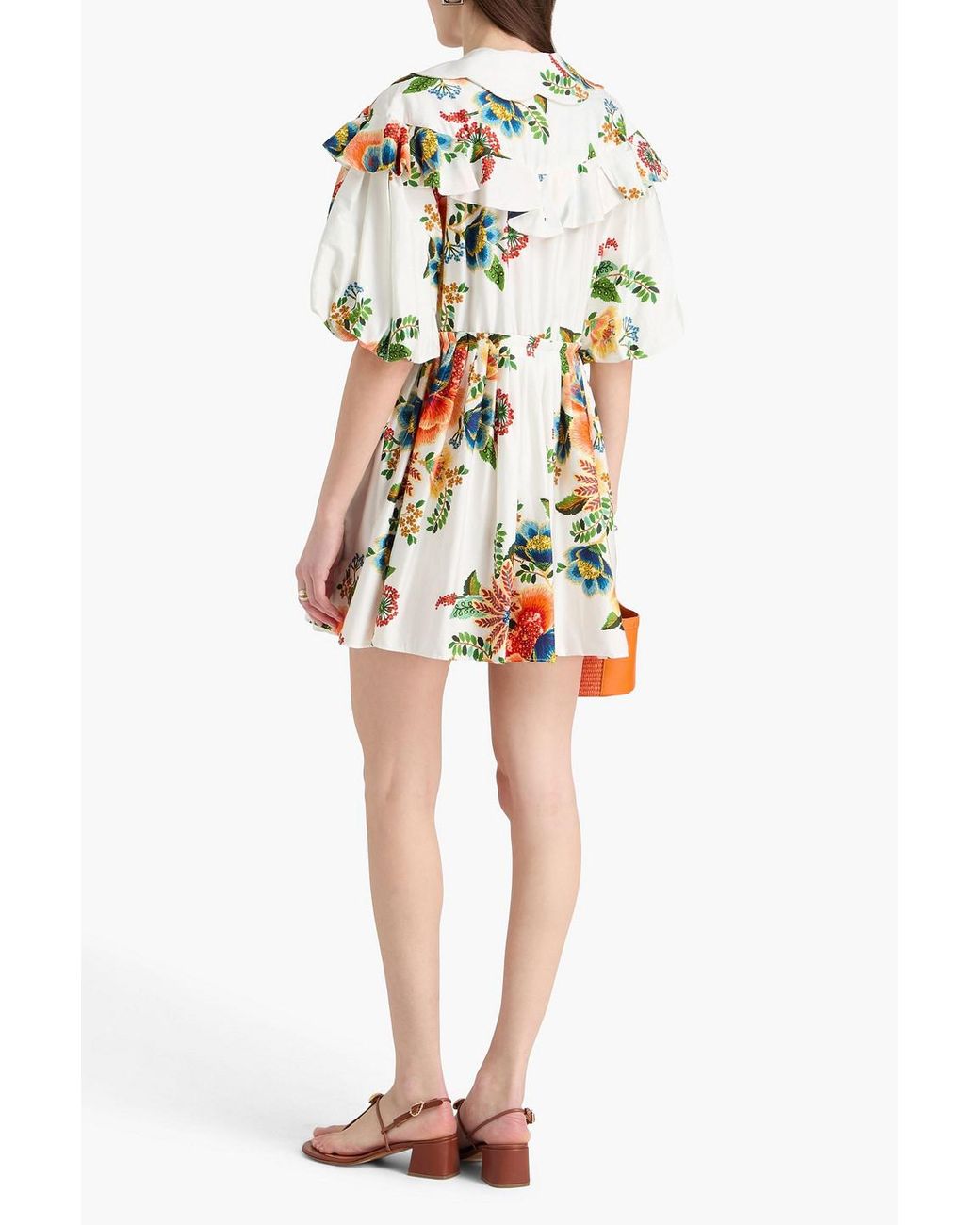 Farm Rio White Ruffled Floral-print Stretch-cotton Poplin Mini Shirt Dress