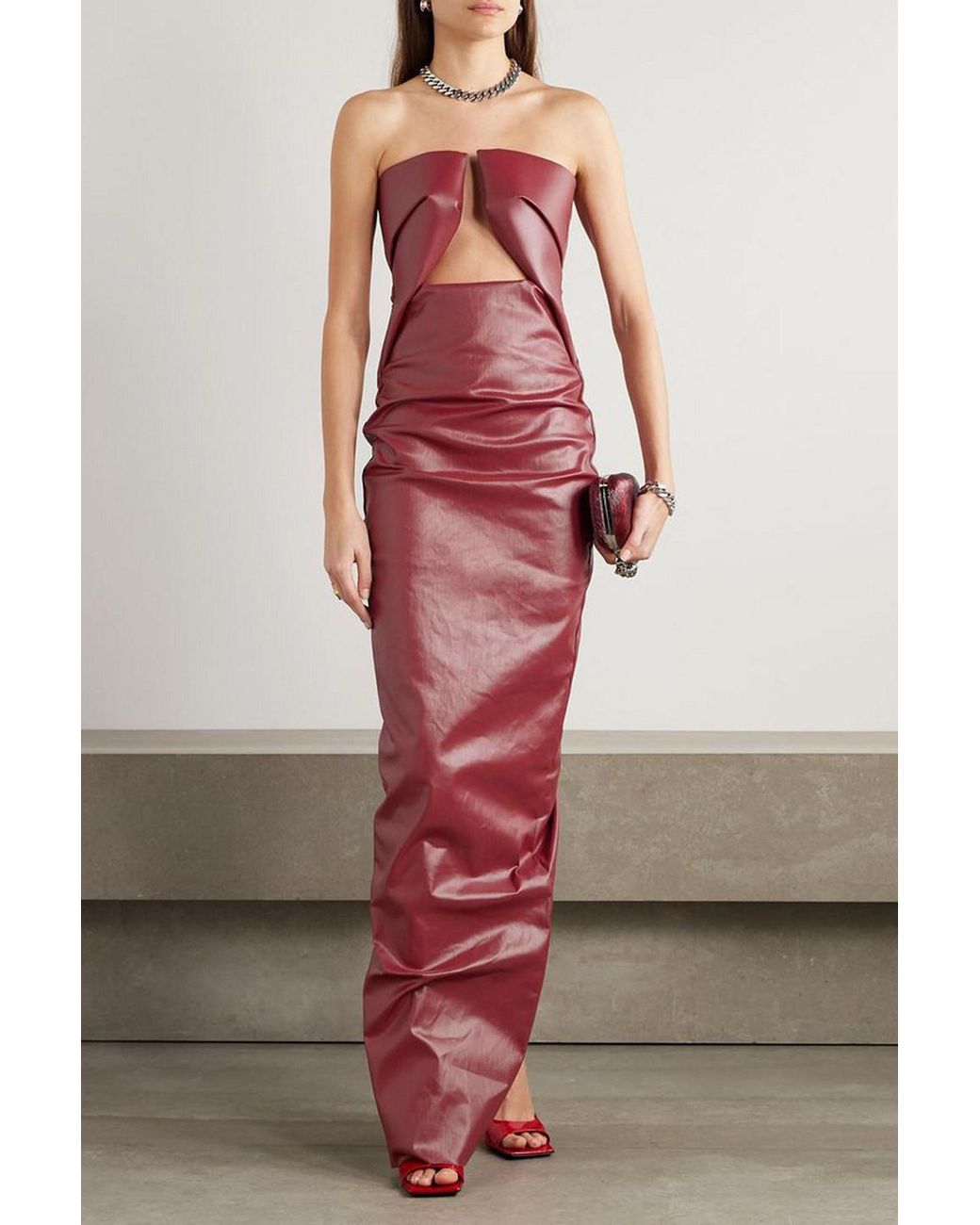 Rick Owens Prong Strapless Coated-denim Maxi Dress in Red | Lyst
