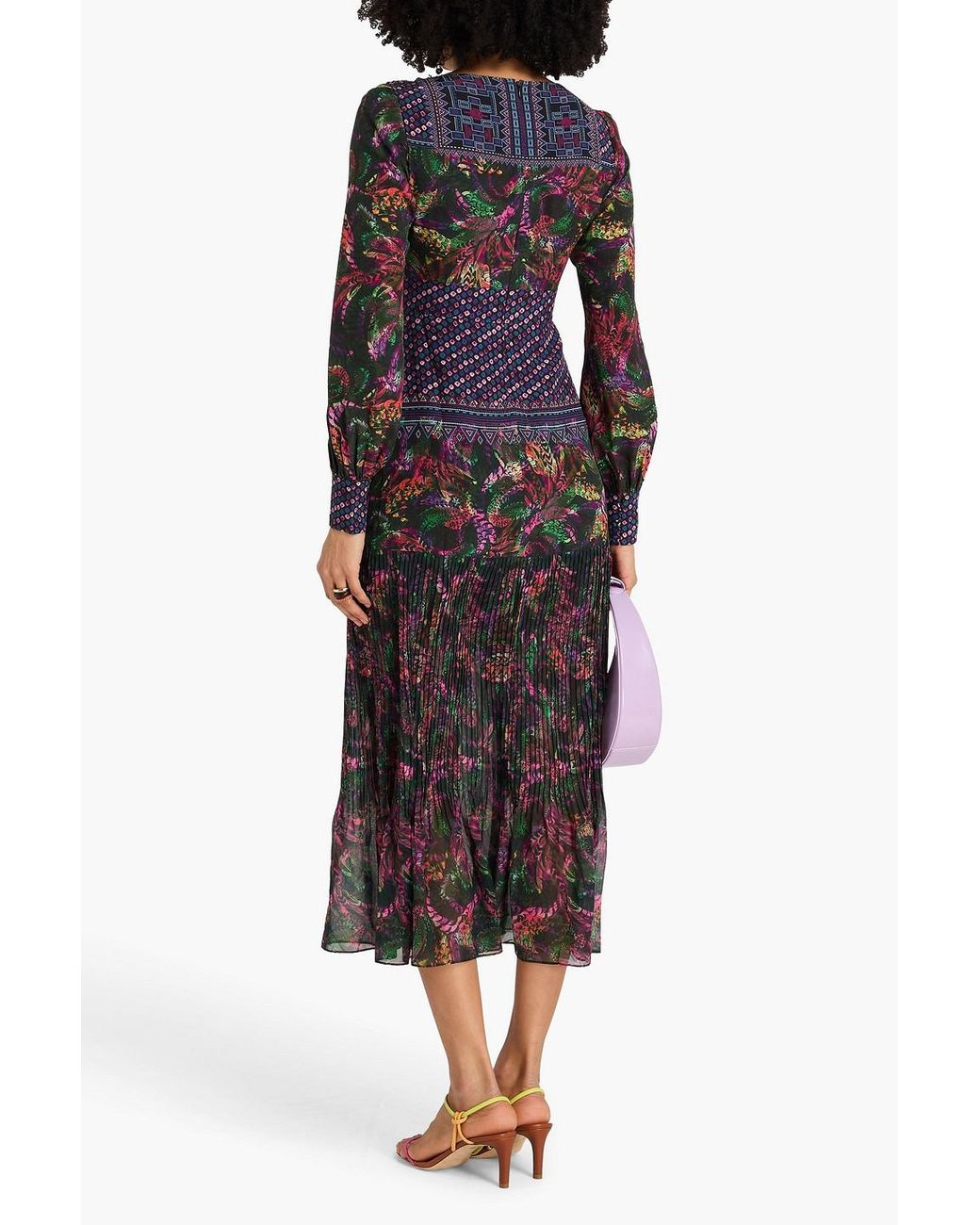 Saloni Purple Vera Pleated Printed Silk Crepe De Chine Midi Dress