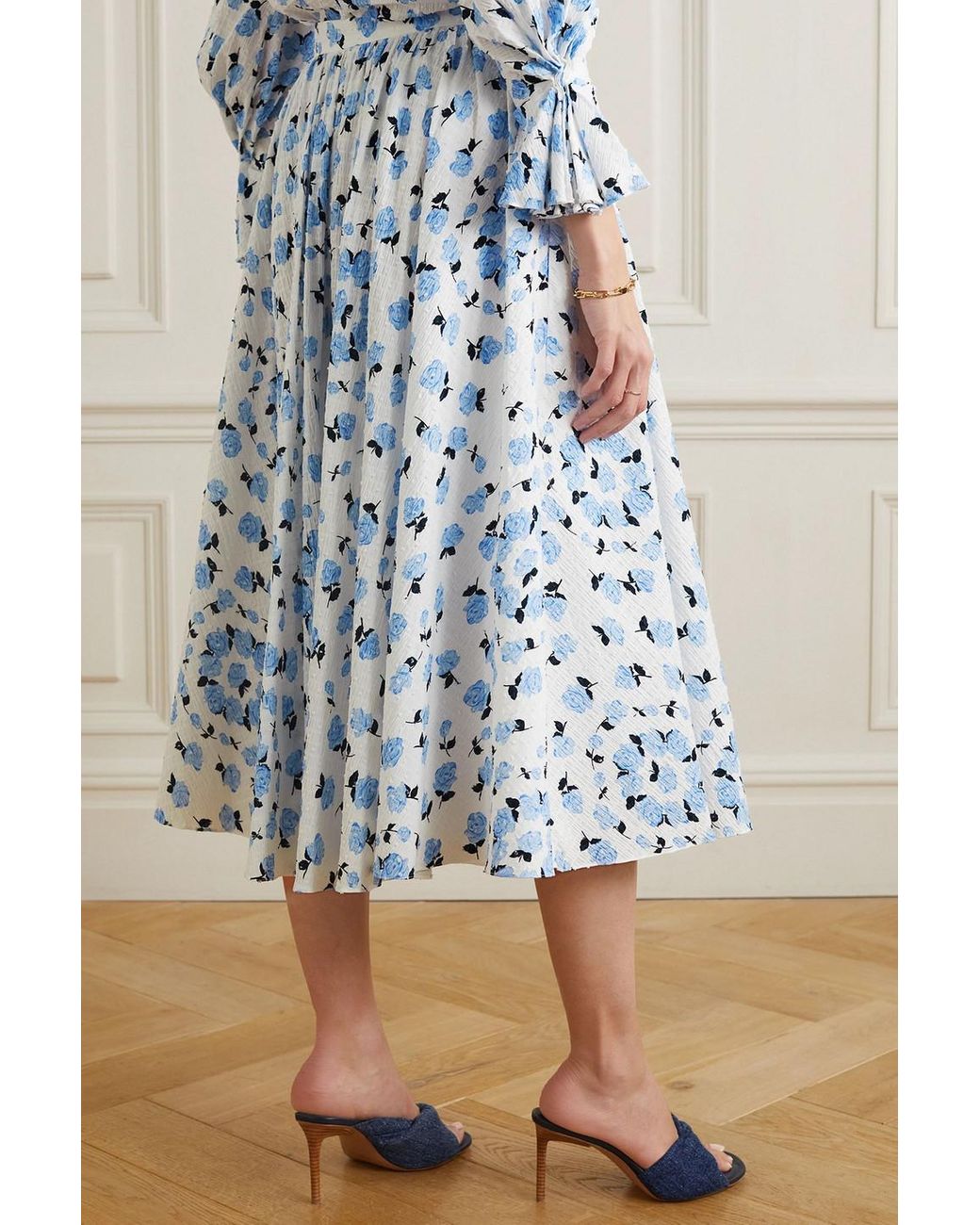 Emilia Wickstead Blue Allegra midirock aus strukturierter stretch-baumwolle mit blumenprint