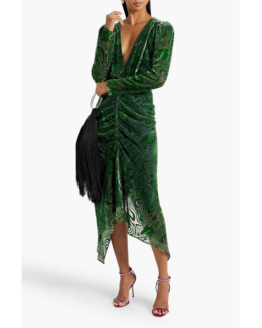 Ronny Kobo Ruched Devor-velvet Midi Dress in Green | Lyst