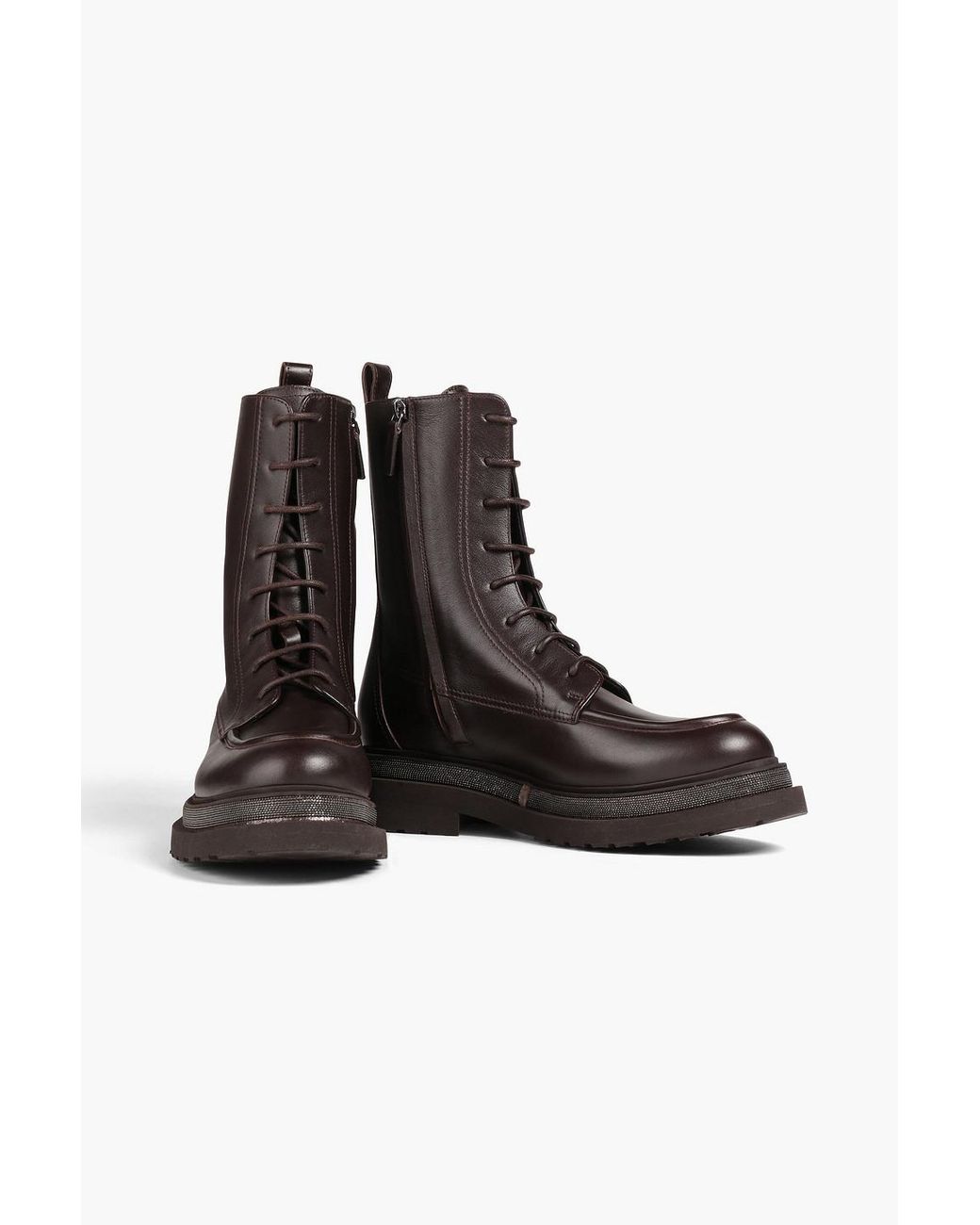 Brunello Cucinelli Bead embellished Leather Combat Boots in Brown