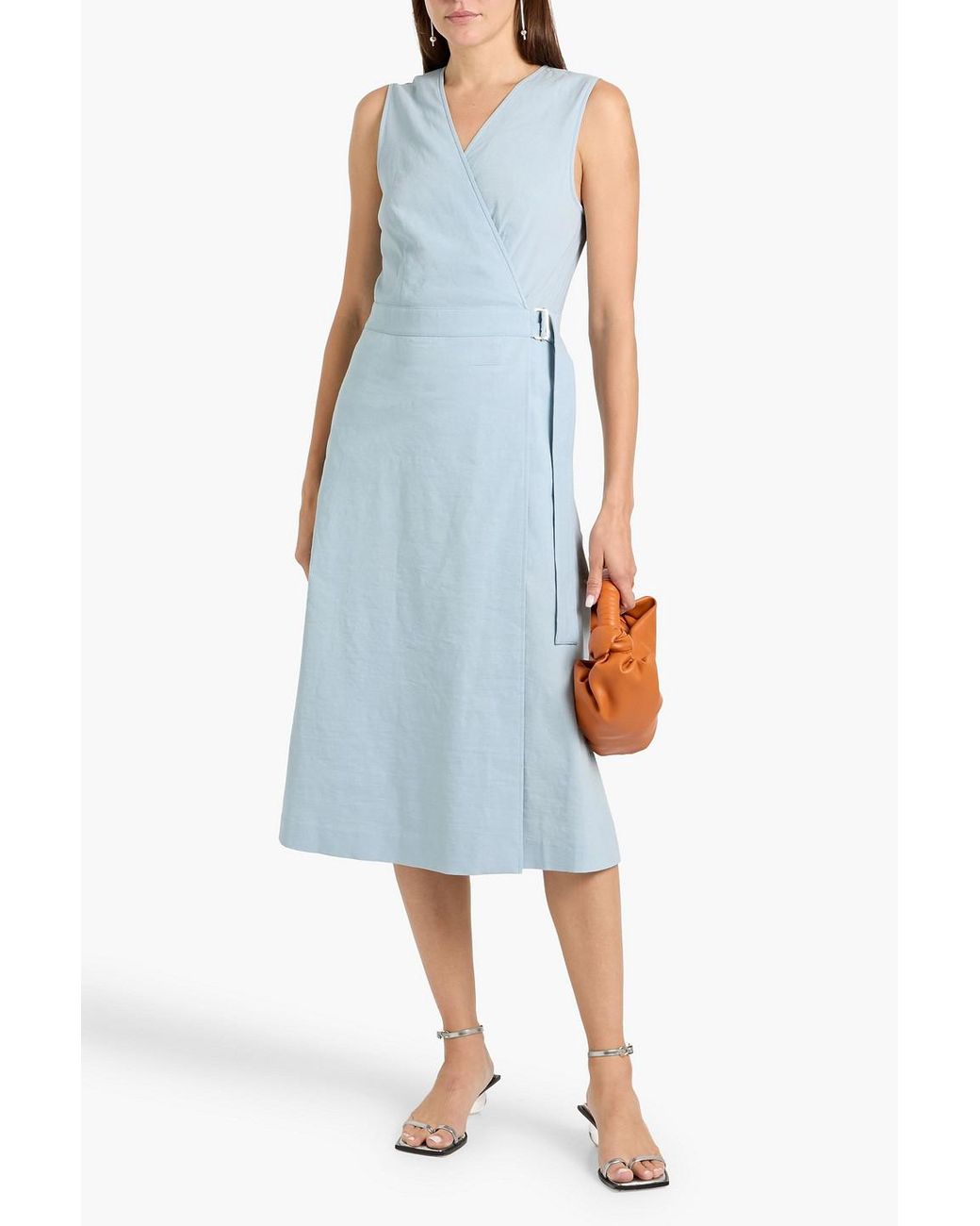 Theory Blue Linen-Blend Midi Wrap Dress