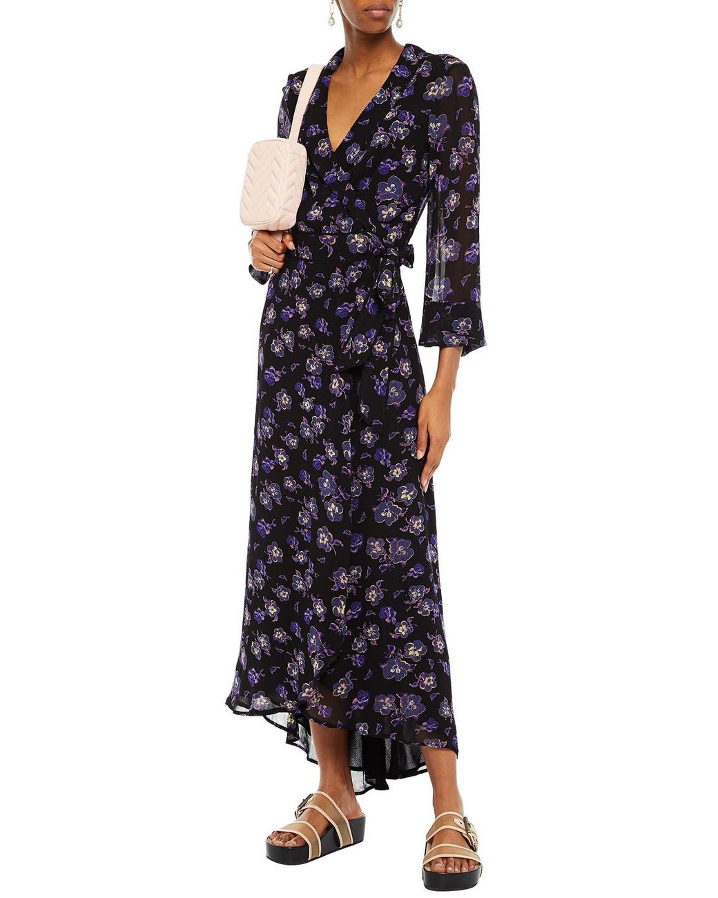 Ganni Floral-print Georgette Maxi Wrap Dress in Black | Lyst