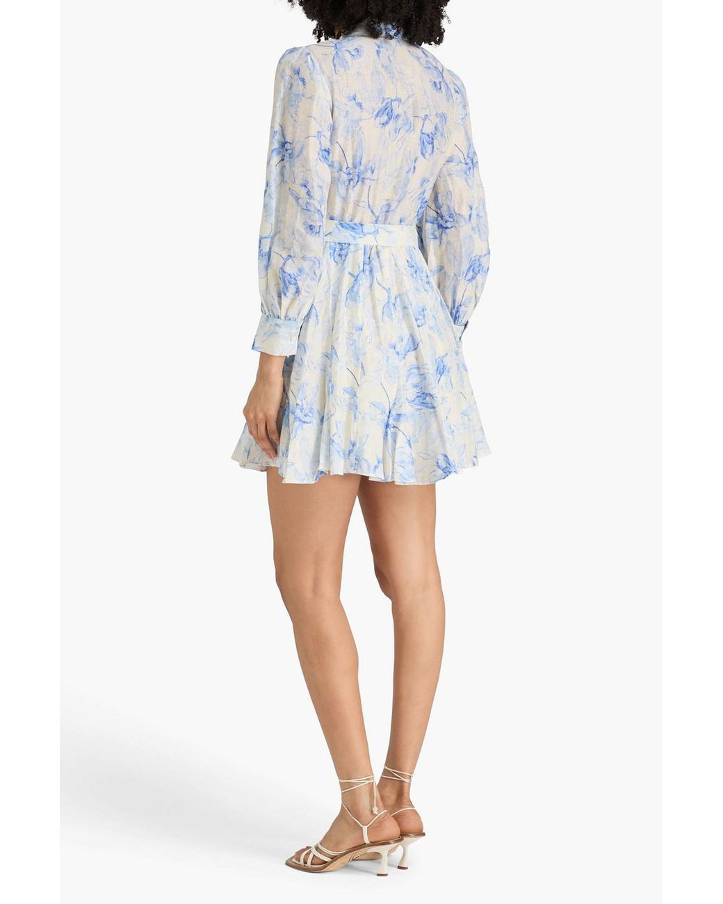 Maje Blue Belted Floral-print Linen-blend Mini Shirt Dress