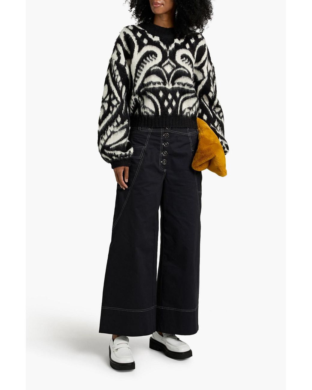 FARM Rio Brushed Jacquard-Knit Sweater in Black | Lyst