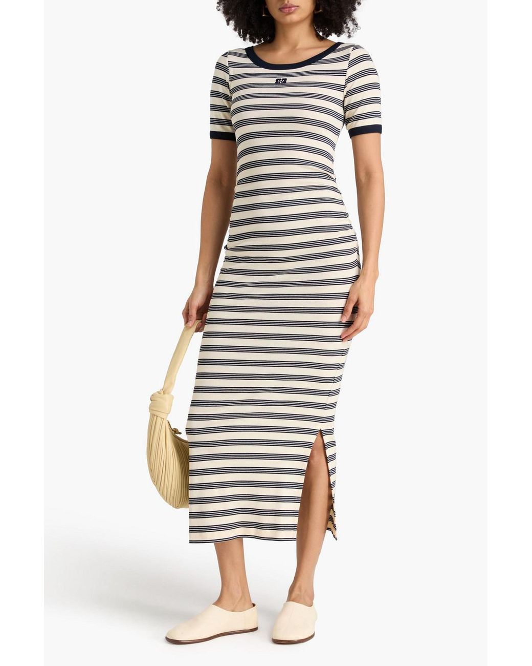 Ganni White Striped Cotton-Blend Jersey Midi Dress