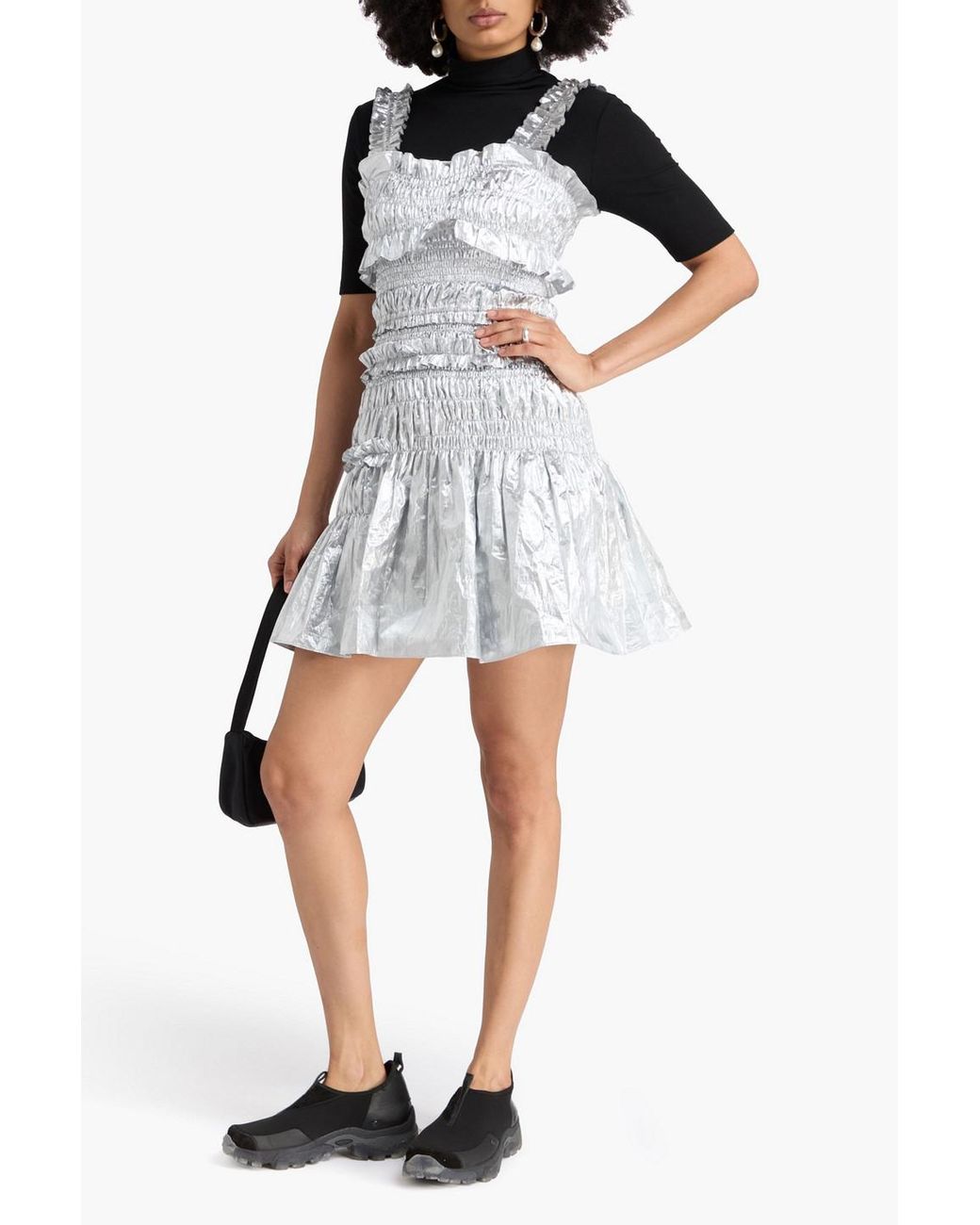 CECILIE BAHNSEN White Oona Shirred Lamé Mini Dress