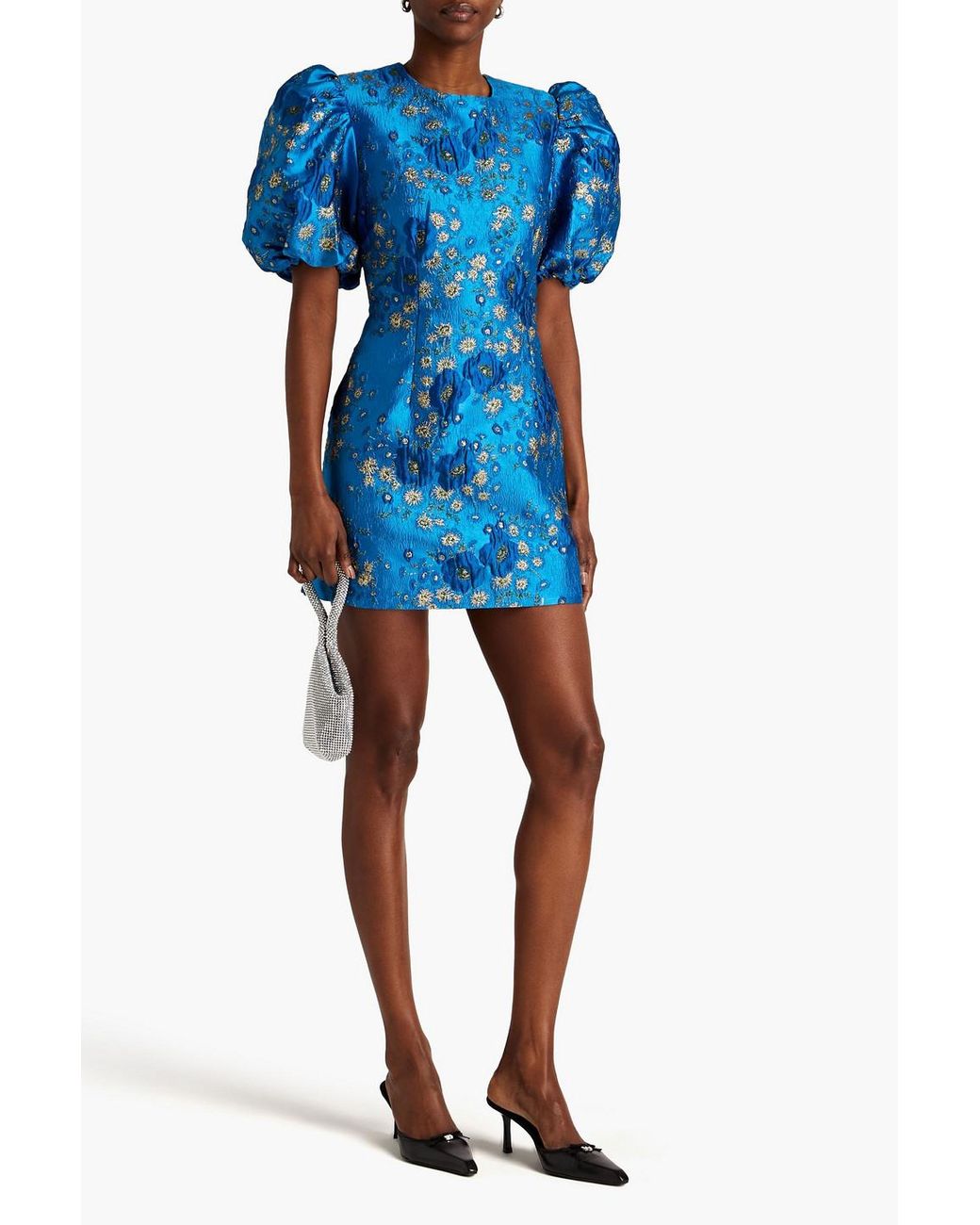 ganni organza dress blue GANNI Blue Floral Dress