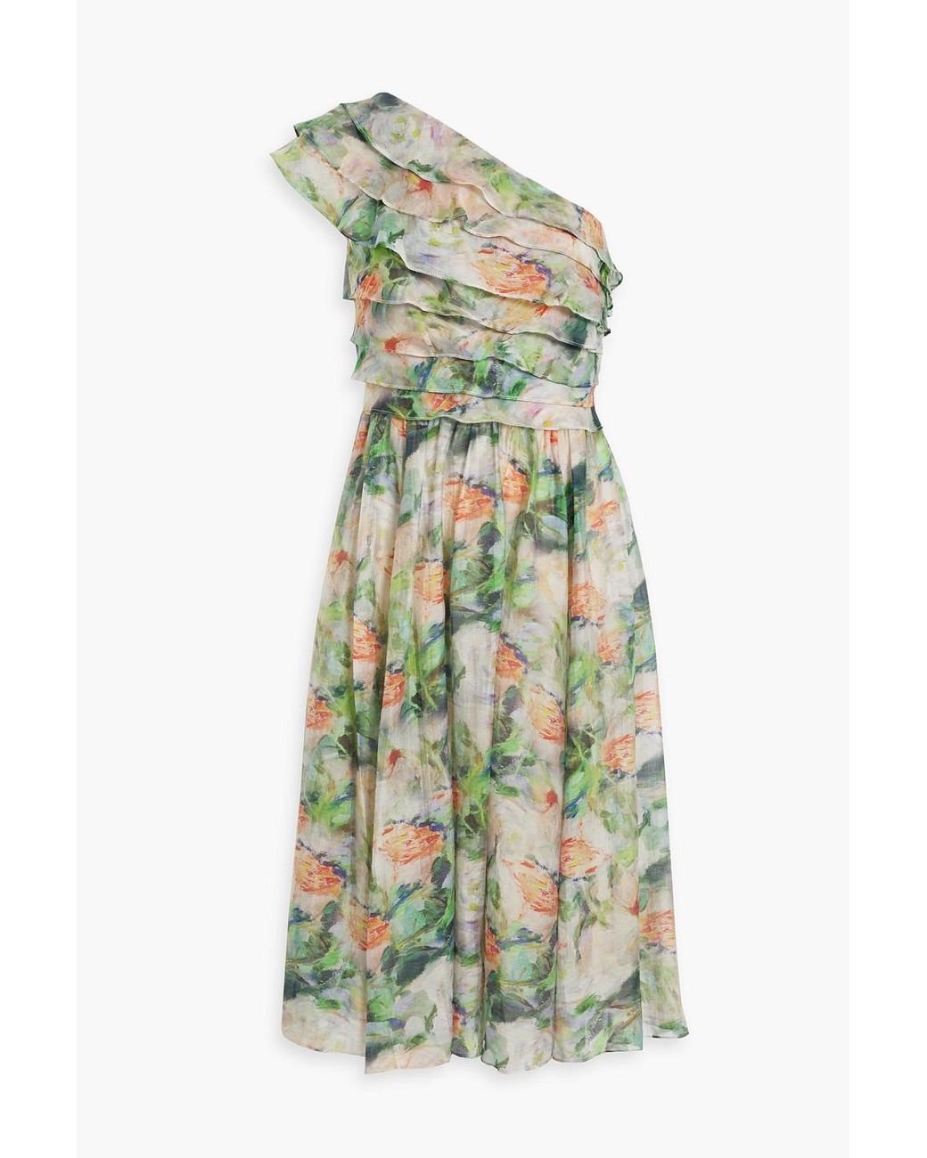 Mikael Aghal One-shoulder Ruffled Printed Gauze Dress in Green | Lyst Canada