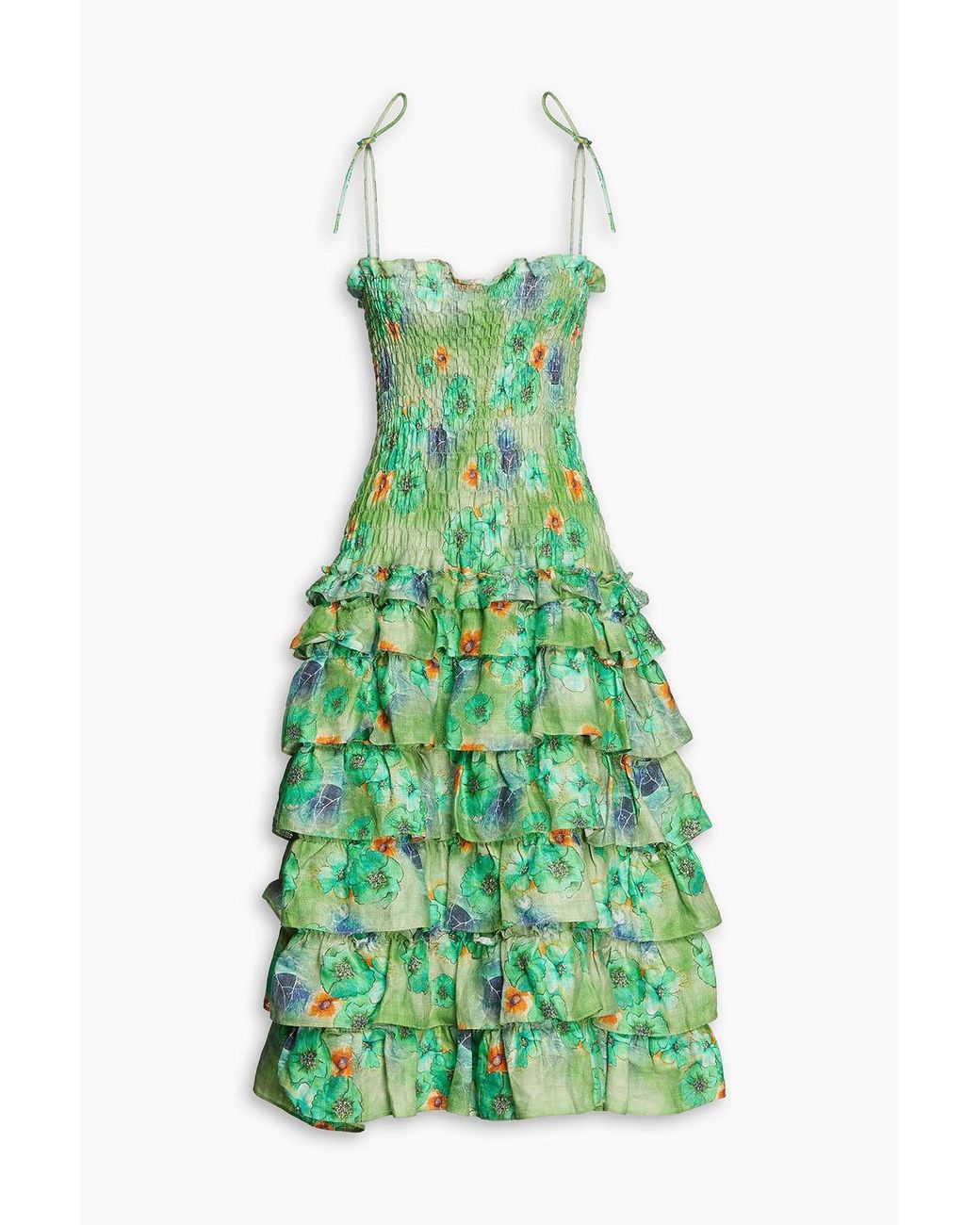 Bambah Tiered Shirred Floral-print Linen Dress in Green | Lyst Canada