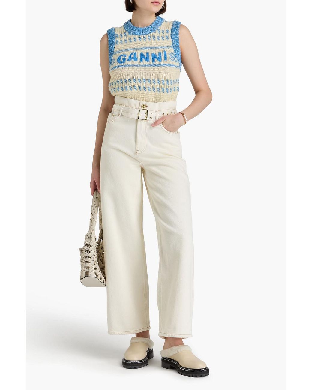Ganni White Belted Cotton-drill Wide-leg Pants
