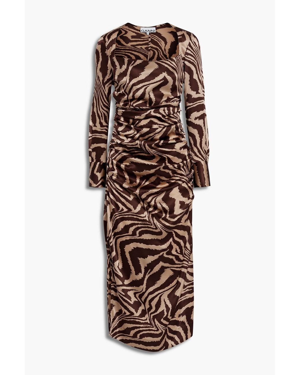 Ganni Pleated Draped Silk-blend Satin Midi Dress in Brown | Lyst