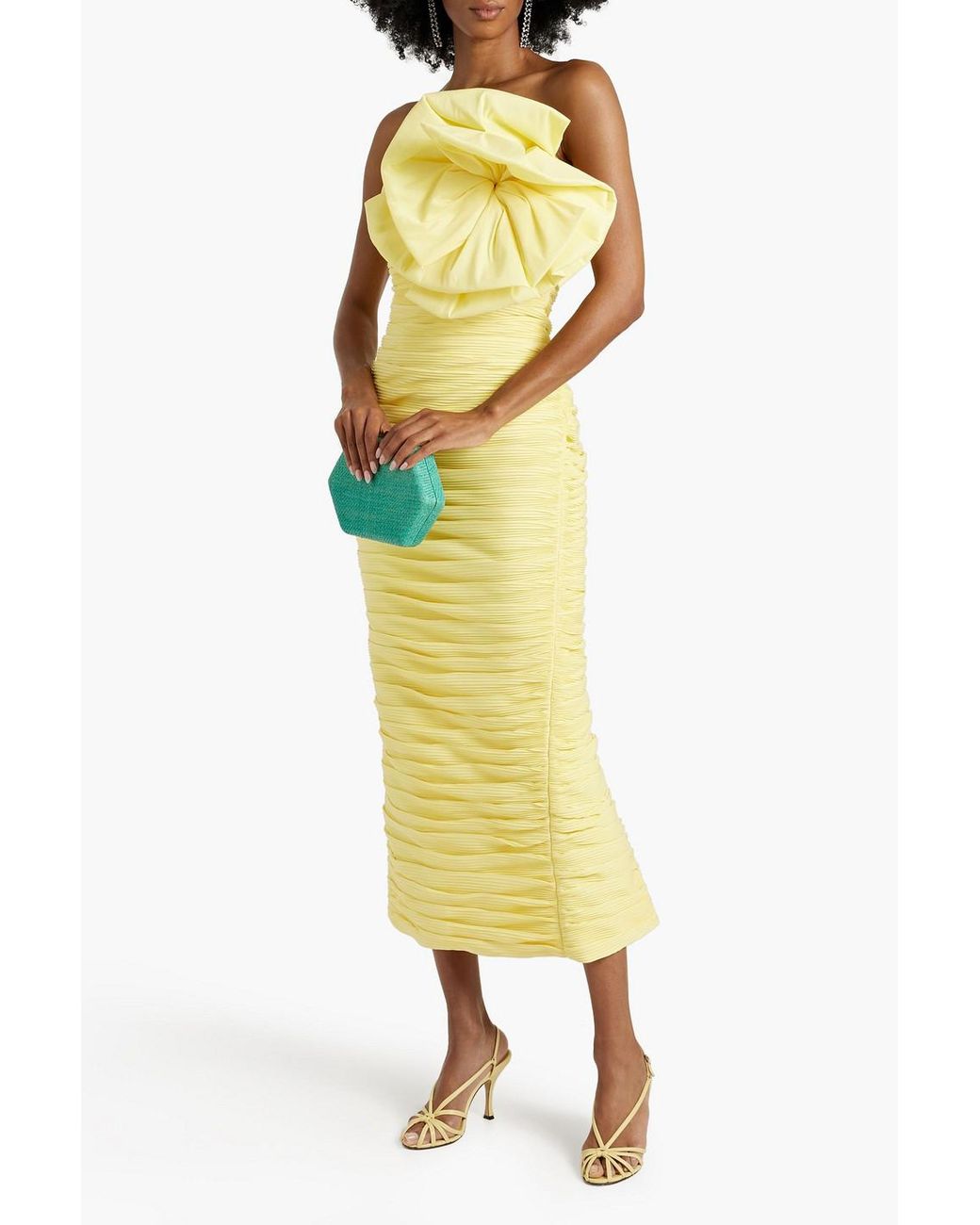 Rachel Gilbert Evana Strapless Appliquéd Plissé-crepe Midi Dress in Yellow
