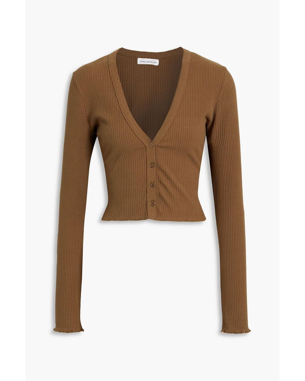 GOOD AMERICAN Cropped Ribbed Stretch-cotton Jersey Cardigan in Brown | Lyst
