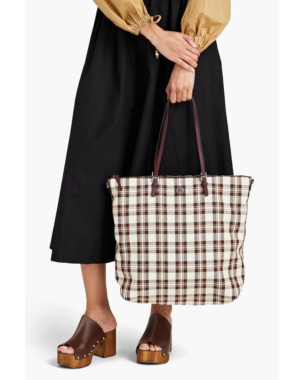 Tory Burch Virginia Checked Twill Tote in Natural | Lyst UK