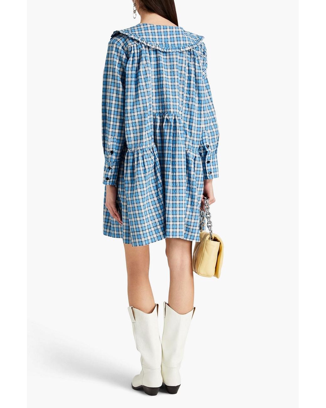 ganni blue checkered dress Seersucker Check Dress in Persian Violet