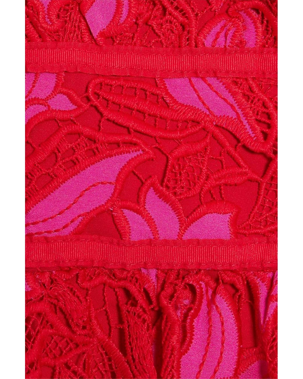 ML Monique Lhuillier Off-the-shoulder Guipure Lace Midi Dress in Red | Lyst