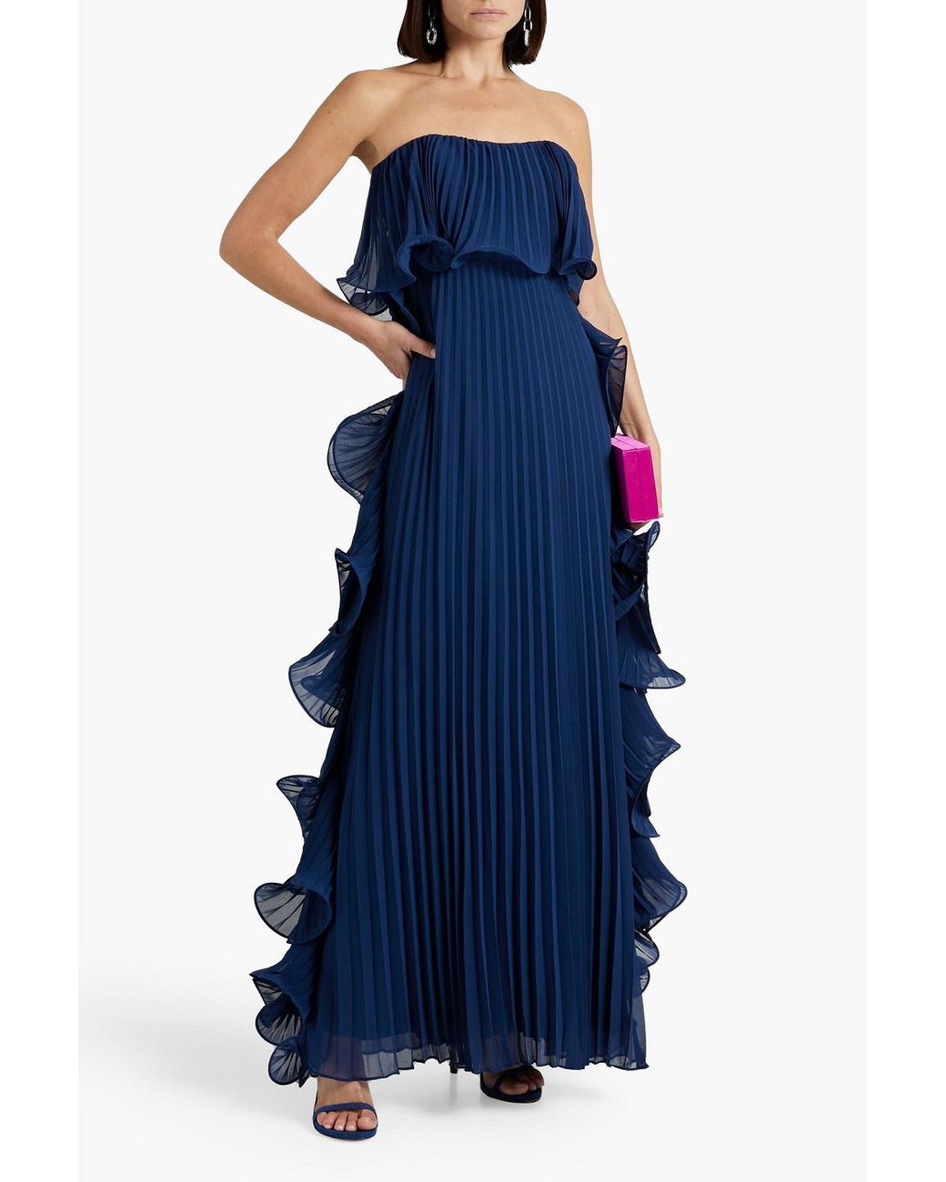 Badgley Mischka Strapless Ruffled Pleated Chiffon Gown in Blue Lyst