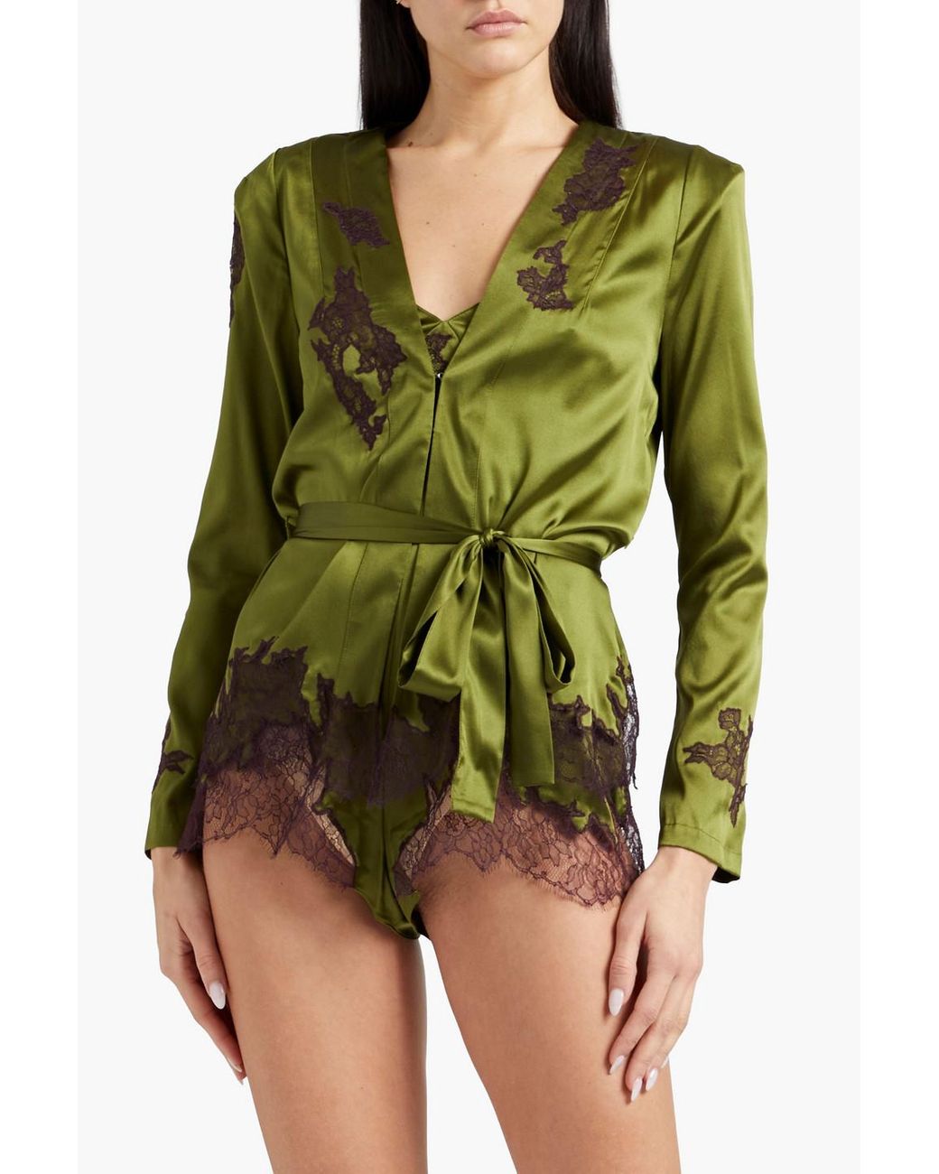 Agent Provocateur Christi Belted Corded Lace And Stretch-silk Satin Jacket  in Green | Lyst
