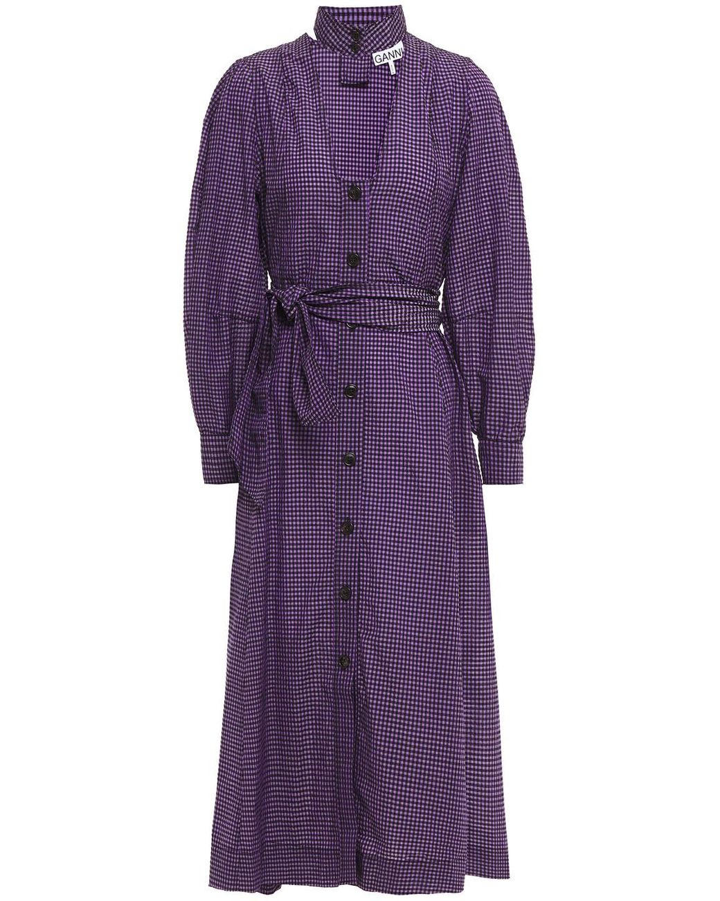 Ganni Synthetic Belted Gingham Seersucker Midi Dress in Purple | Lyst