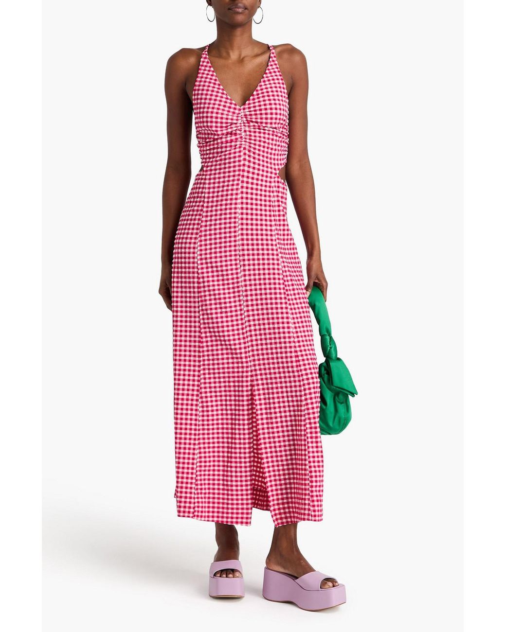 ganni ruched gingham stretch seersucker maxi dress Ganni