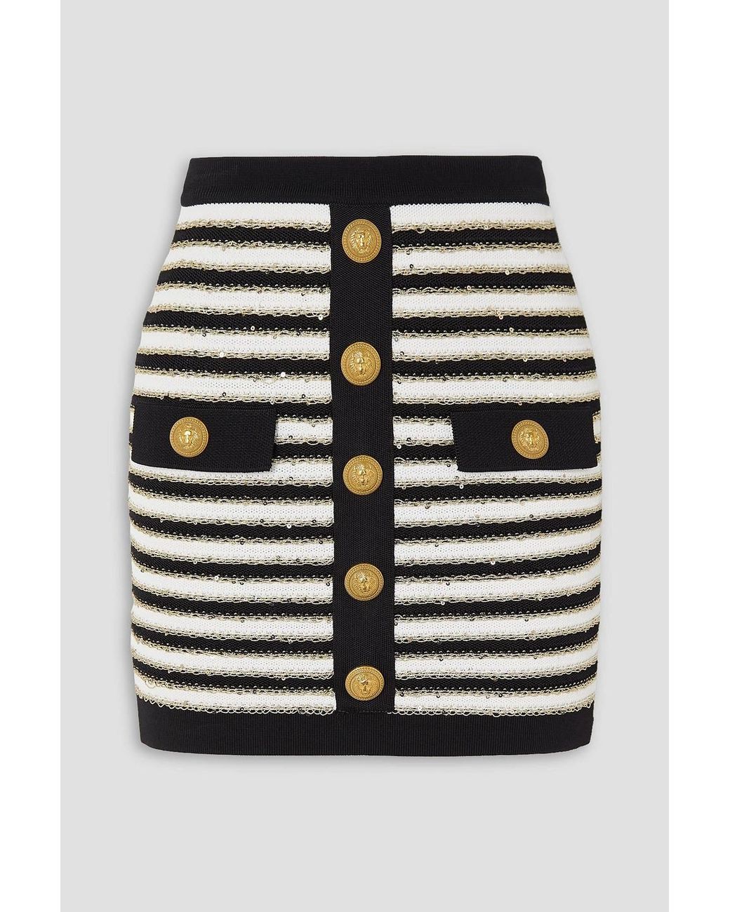 Balmain Black Button-Embellished Metallic Striped Knitted Mini Skirt