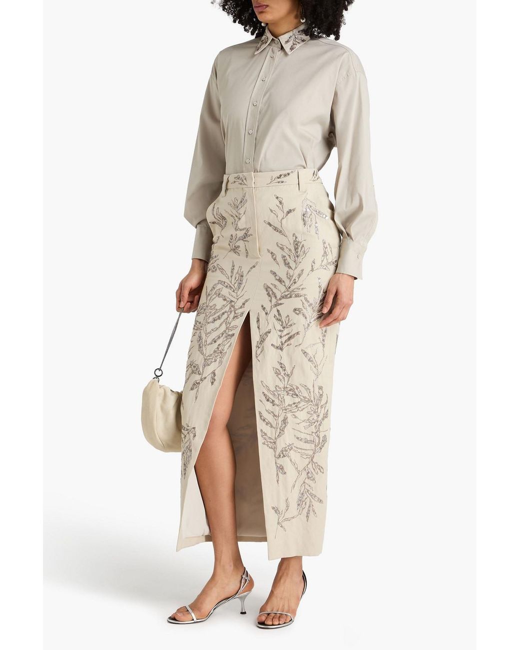 Brunello Cucinelli White Embellished Cotton-Blend Poplin Shirt